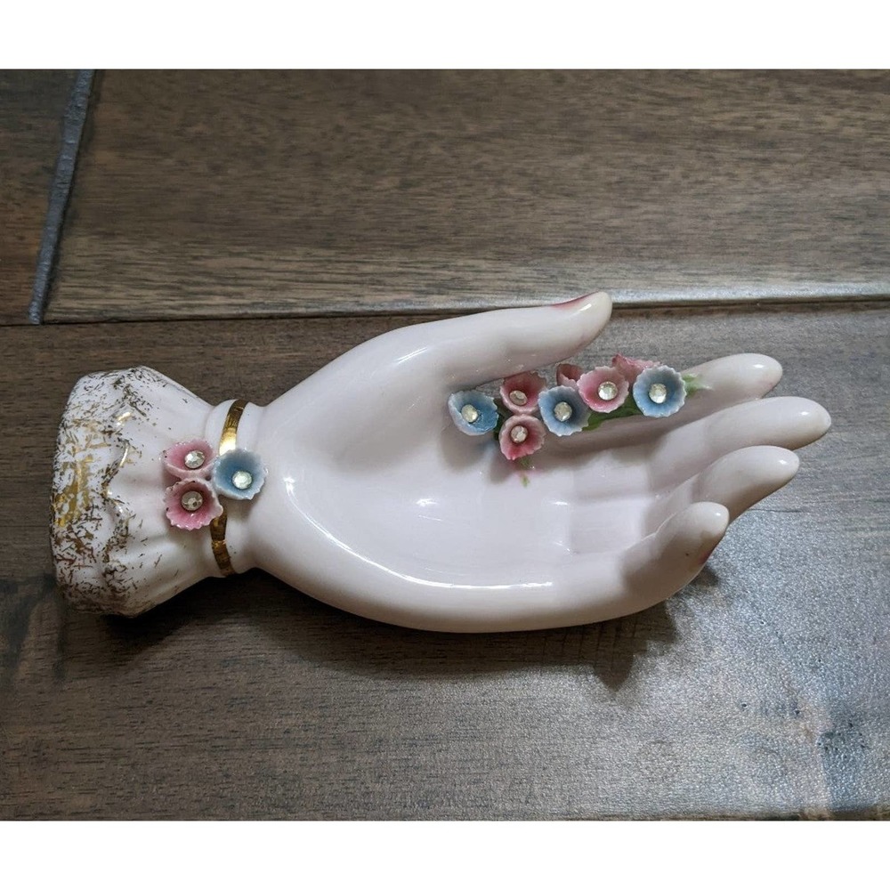 Vintage Lefton China pink Hand Vanity Trinket Jewelry dish Roses Japan Victorian